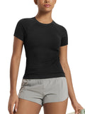 ODODOS Women's Seamless Performance Short Sleeve T-Shirt - Lightweight Breathable Slim Fit Running Workout Top -Waist Length, Black, Small