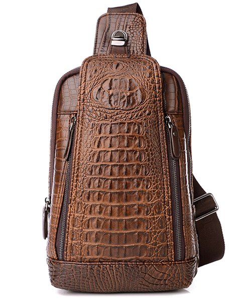 FiveloveTwo Mens Sling Bags Crocodile PU Shoulder Crossbody Chest Bag Satchels Hiking Daypack Dark Brown
