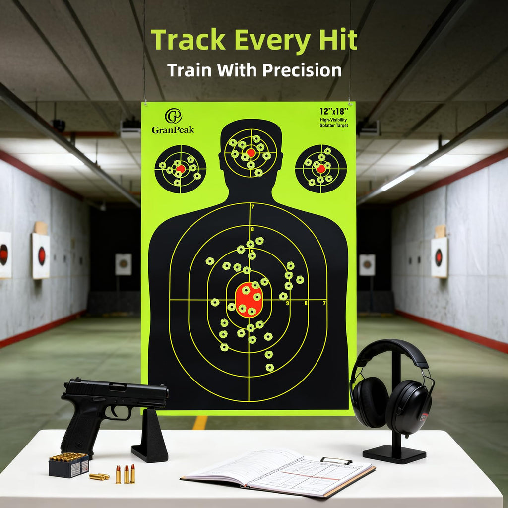 GranPeak 12 x18 inch, Silhouette Splatter Targets, Adhesive Shooting Targets, Shots Burst Bright Fluorescent Yellow, Great for All Firearms (25 Pack)