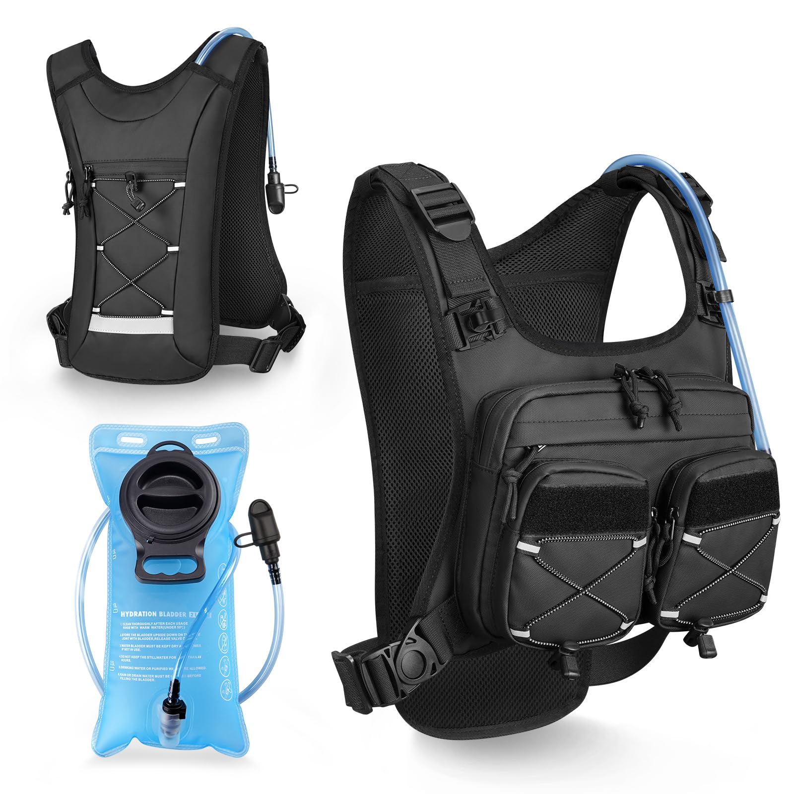 NOOLA Running Vest with 2L Water Bladder, Reflective Hydration Backpack for Men Women, Lightweight Chest Pack with Phone Pocket Adjustable Running Backpack for Marathon Fishing Cycling Hiking, Large