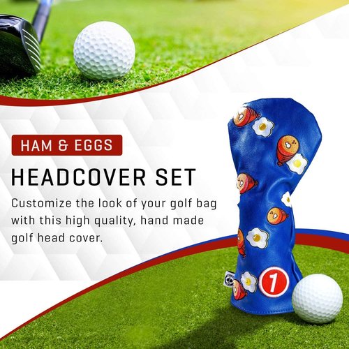 Pins & Aces Golf Co. Ham & Eggs Driver Wood Head Cover - Premium, Hand-Made Leather 3W Headcover - Funny, Tour Quality Golf Club Cover - Style and Customize Your Golf Bag (Fairway)