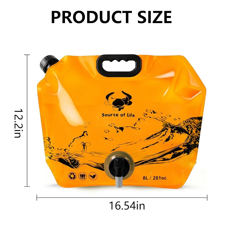Collapsible 2.1 Gallon Water Jug with Spout - BPA-Free, 8L Camp Water Container (Orange+1)