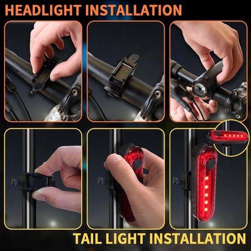 KunHe 227 Lumens 1600mAh Bike Light Set Rechargeable Front & Rear Bicycle Lights with IPX4 Waterproof 4 Modes for Night Cycling