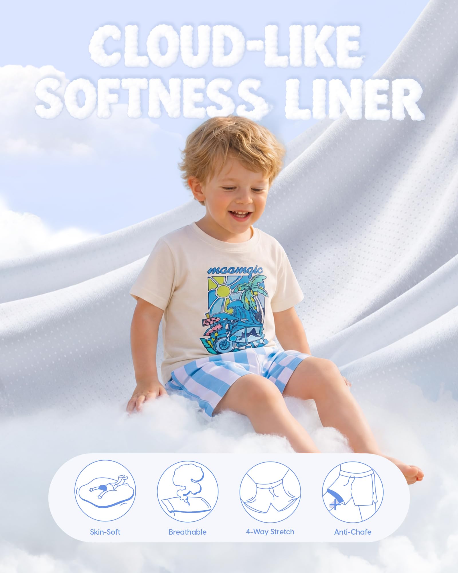 maamgic Boys Swim Trunks with Compression Liner Recycled Swim Shorts Anti-Chafe Boys Bathing Suit Stretch Toddler Beach Shorts Bright Bue 5/6