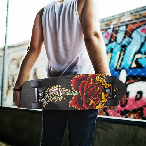 HUSSRITY Skeleton Hand Burning Rose Grip Tape - 9" x 33" Bubble Free Longboard Grip Tape Sheet - Easy Apply for Skateboards & Scooters
