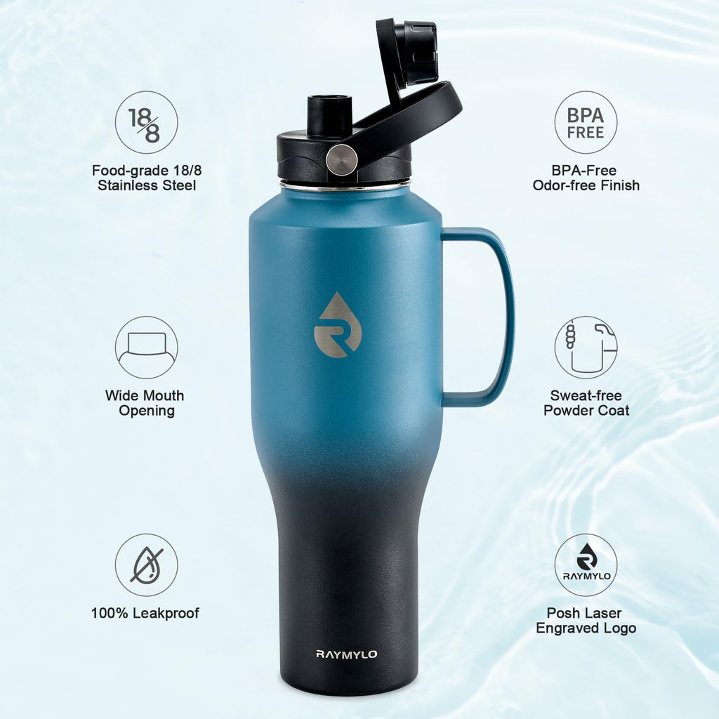 RAYMYLO Insulated Water Bottle 40oz (Cold for 48 Hrs), Stainless Steel Water Bottle with Handle & Straw Lid & Paracord Handle, Triple Wall Vacuum Leakproof Travel Flask, Fit in Any Car Cup Holder