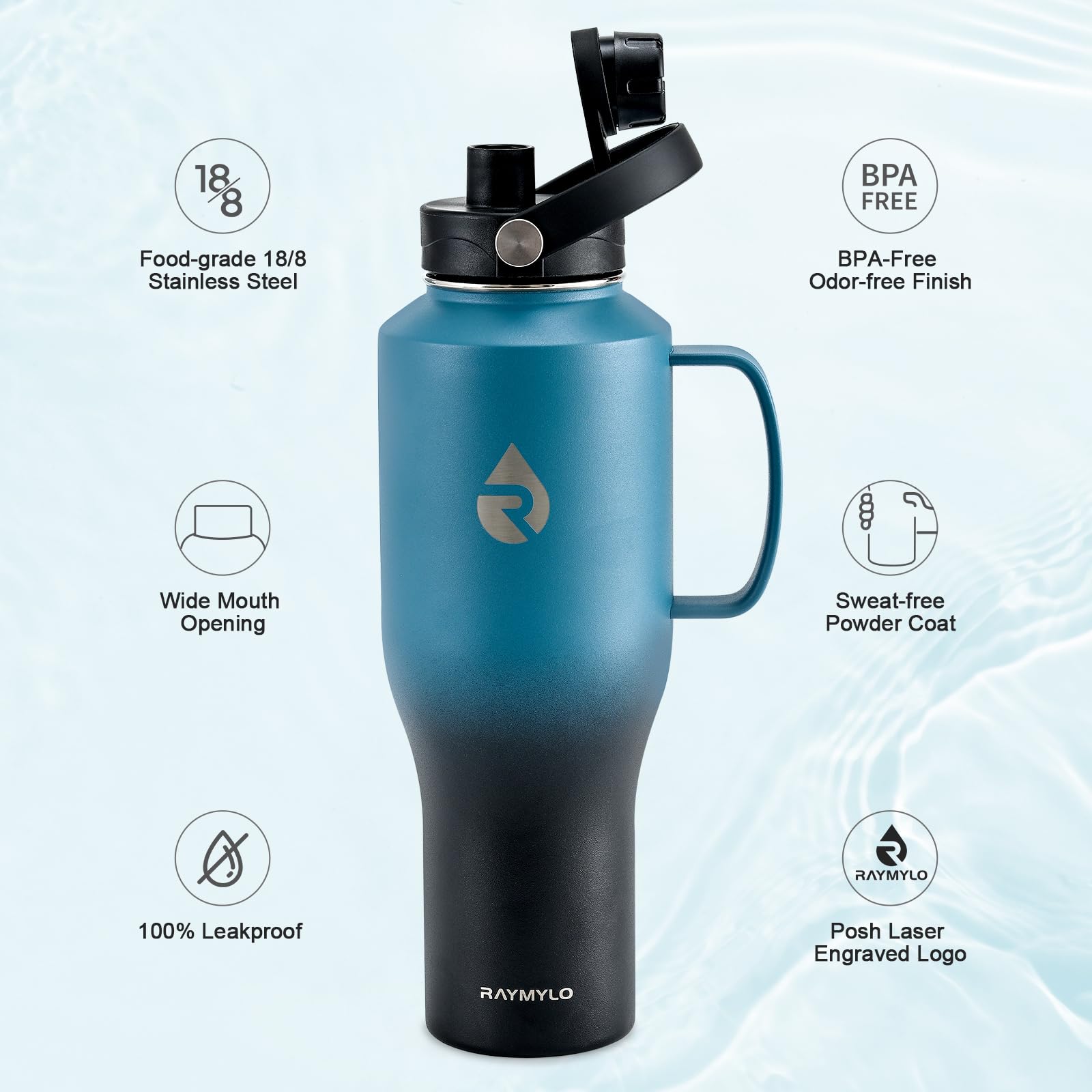 RAYMYLO Insulated Water Bottle 40oz (Cold for 48 Hrs), Stainless Steel Water Bottle with Handle & Straw Lid & Paracord Handle, Triple Wall Vacuum Leakproof Travel Flask, Fit in Any Car Cup Holder