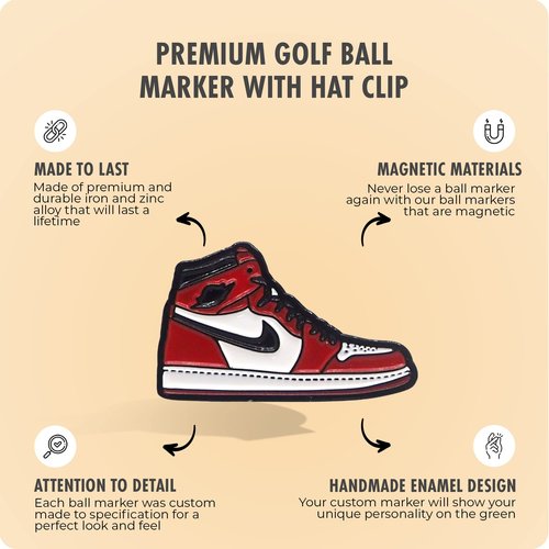 The Birdie Lounge Shoes Golf Ball Marker – Premium Enamel Golf Accessories – 1.25” x 2mm Golf Ball Marker – Custom Designed – for Personalizing Your Golf Game (Red/White)