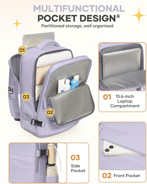 Coofay Large Carry-On Backpack - Airline Approved Waterproof Travel Bag for Women | Purple Casual Daypack