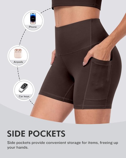 CHRLEISURE Women's Biker Shorts - 5-Inch High Waisted Tummy Control with Pockets - 6 Pack