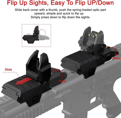 Flip Up Sights | Fiber Optic Red & Green Dot Sights - Adjustable Polymer Folding Set for Picatinny Rail