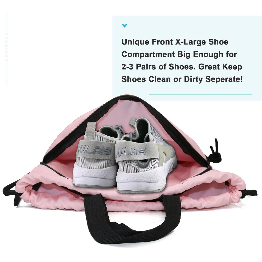 BeeGreen Pink Drawstring Backpack Bag with Shoe Compartment X-Large Gym Sports String Cinch Sackpack with Front Inside Zipper Pockets