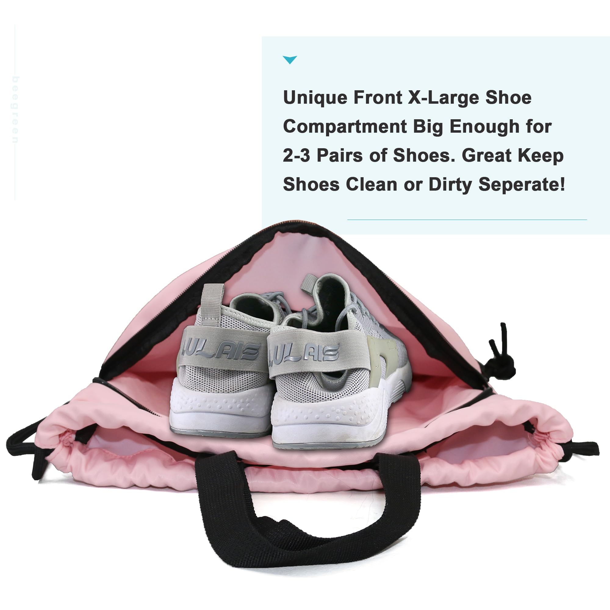 BeeGreen Pink Drawstring Backpack Bag with Shoe Compartment X-Large Gym Sports String Cinch Sackpack with Front Inside Zipper Pockets