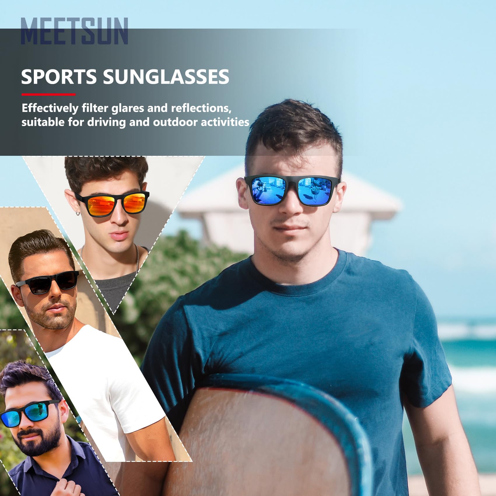 MEETSUN Polarized Sunglasses For Men Women UV Protection Square Frame Sport Fishing Driving Sunglasses (3 Pack) Black/Ice blue/Red