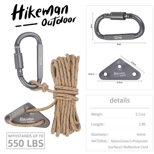 Hikeman 4 Pack Camping Rope with Locking Carabiner Clip,4mm Reflective Guy Lines with Triangular Guyline Adjuster Tensioner,Nylon Cord for Tent Tarp Tie Down,Hiking,Backpacking