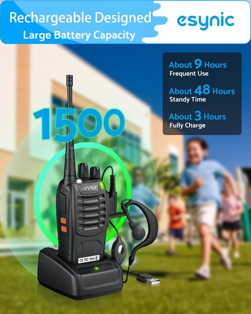 eSynic 3-Pack Rugged Walkie Talkies-3 Miles Long Range 16CH 2 Way Radios with VOX- Compact-1500mAh Rechargeable Battery-3 Headsets & LED Light-Rain-Resistant-Easy to Use for Job Site/Camping/Hiking