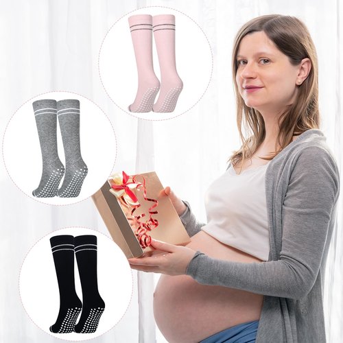 Funnysoft 6 Pair Pregnancy Compression Socks with Grip Non Slip 20-30 Mmhg Maternity Anti Skid Graduated Support Compression Stockings for Women Pregnant Nurses Yoga Supply