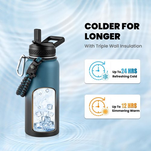 Insulated Water Bottle 32 oz - Triple Wall Vacuum Stainless Steel | Keeps Drinks Cold for 48 Hrs & Hot for 24 Hrs