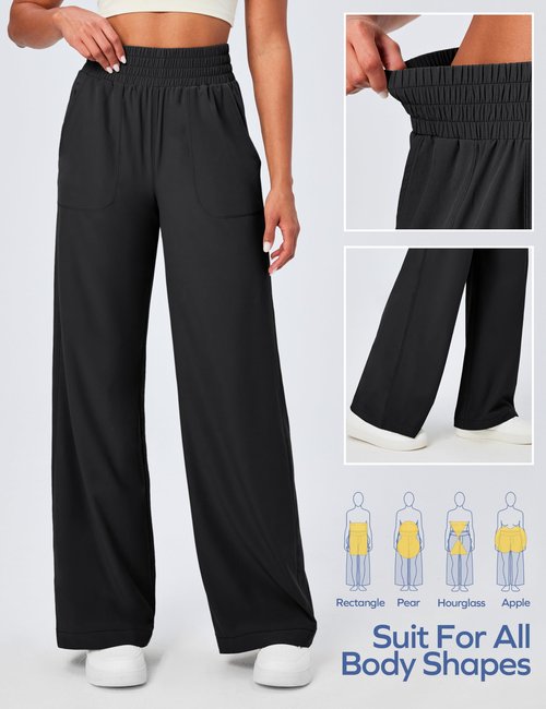 Ewedoos Wide Leg Pants Woman Lightweight Sweatpants Travel Track Work Yoga Dress Pants High Waisted with Pockets Casual Black