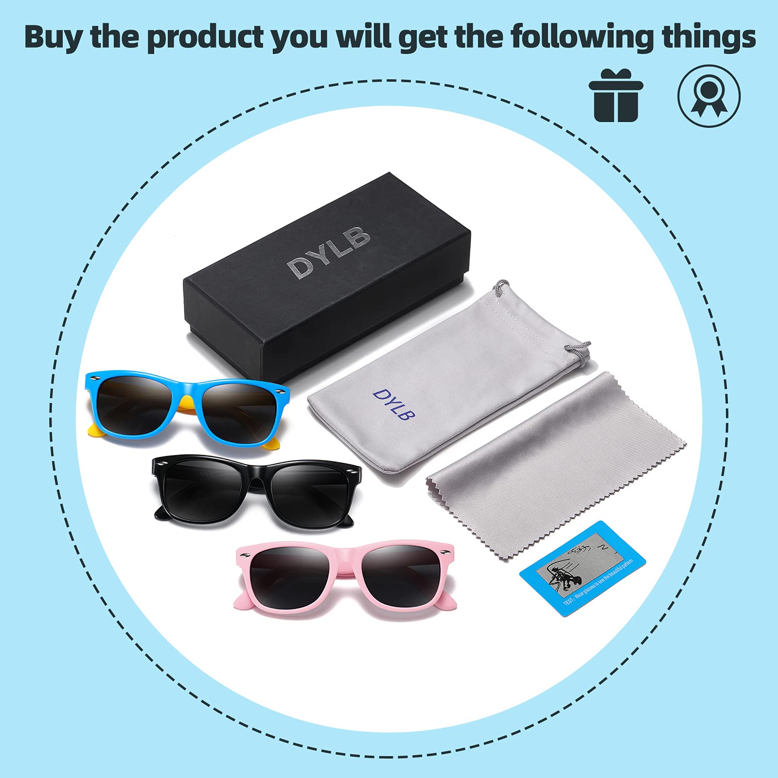 DYLB Kids Polarized Sunglasses for girls boys 3 Pack, Flexible TPEE Rubber Frame for Children Age 3-8. (Black + Pink +Blue Yellow)