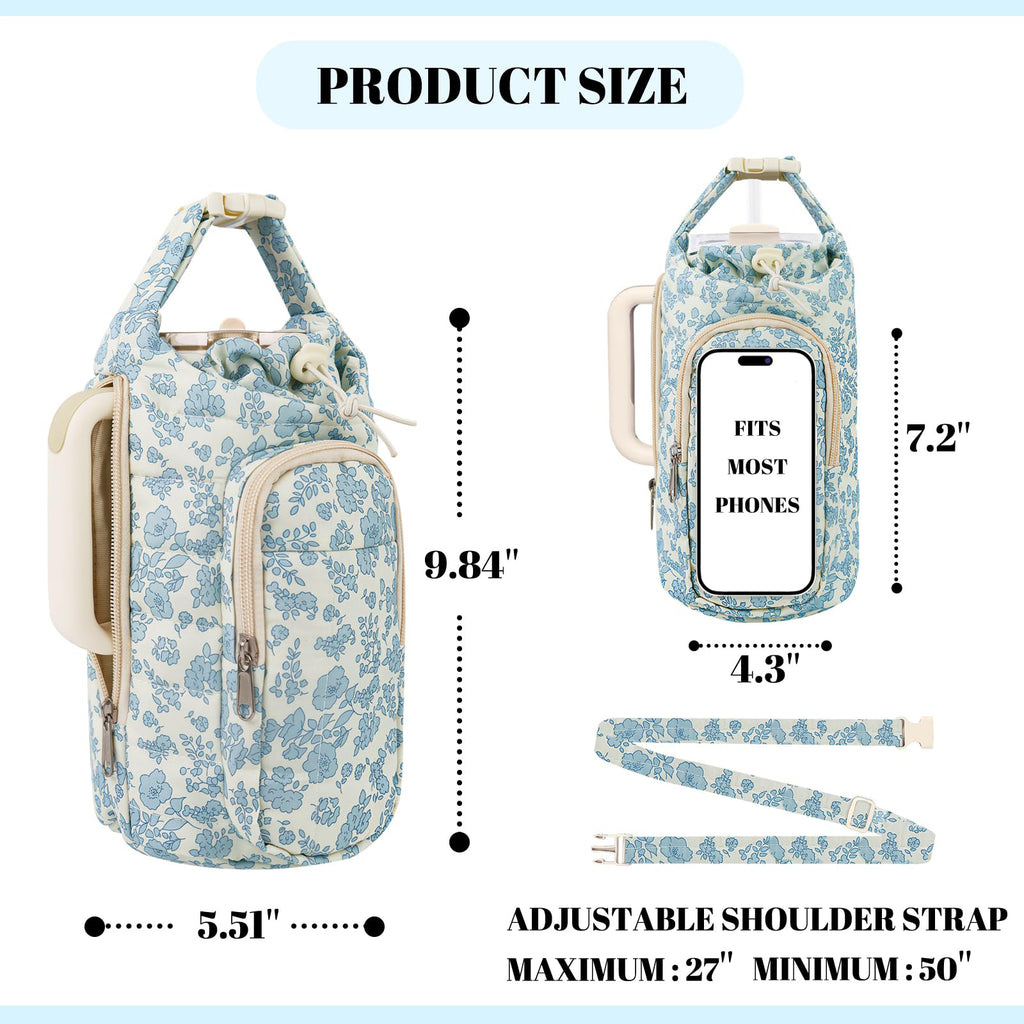 Water Bottle Holder Bag with Strap, Quilted Floral Bag for Stanley Cup, 40/32 oz Crossbody Pouch Gym Accessories, Sling Purses with Phone Pocket for Men Women Hiking Travelling Camping (Blue)