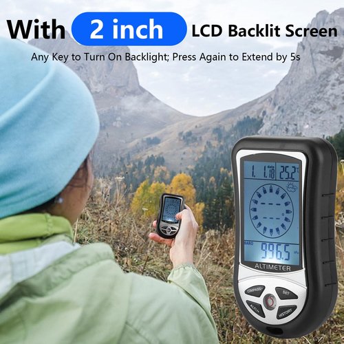 Digital Altimeter, Digital Compass, Hiking Thermometer, Timer & Backlight, 8 in 1 Hand-Hold Barometer for Mountaineering Outside 2300 to 29500FT 1100MBAR, 300mbar to 1100mbar