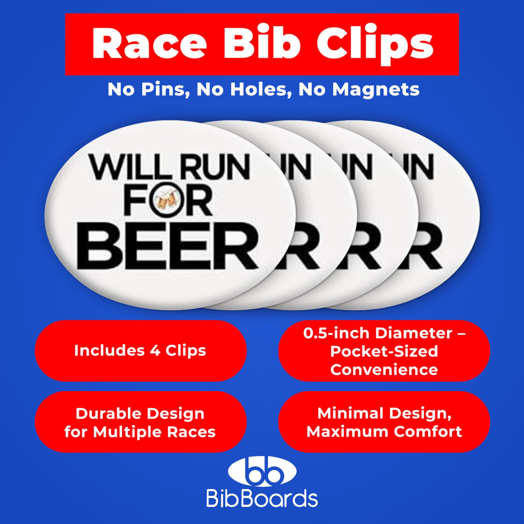 bibSNAPS Race Bib Clips - Safety Lock Fasteners - Secures Running, Marathon, Cycling & Event Number, Non Magnetic, Easy to Use, Soft & Reusable, Replacement for Pins & Magnets, Will Run for Beer(4pcs)