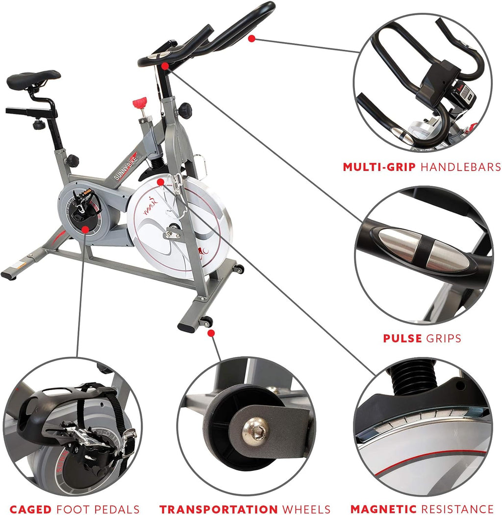 Sunny Health & Fitness Indoor Cycling Exercise Bike w/Pulse Sensors & 4-Way Adjustable Seat, Stationary Home Cardio Training Machine w/Micro-Adjustable Magnetic Resistance for Intensive Cardio Session