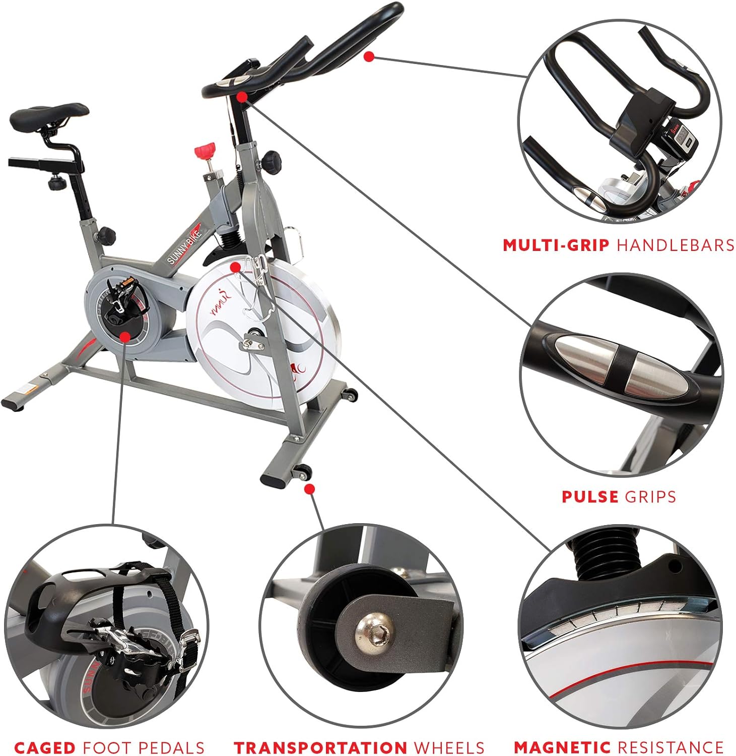 Sunny Health & Fitness Indoor Cycling Exercise Bike w/Pulse Sensors & 4-Way Adjustable Seat, Stationary Home Cardio Training Machine w/Micro-Adjustable Magnetic Resistance for Intensive Cardio Session