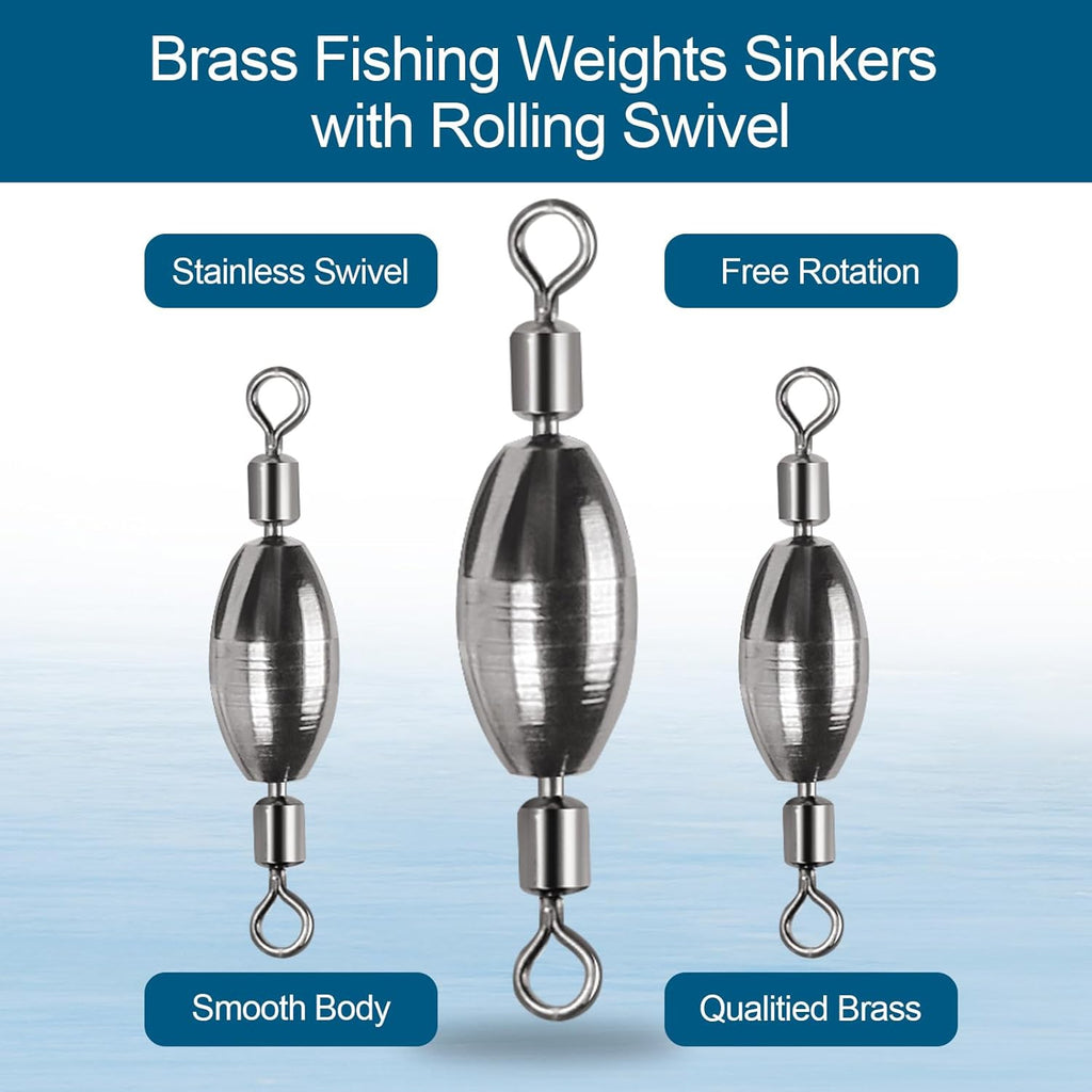 Skiennix 34Pcs Fishing Weights Kit - Brass Sinkers & Rolling Swivels for Saltwater & Freshwater