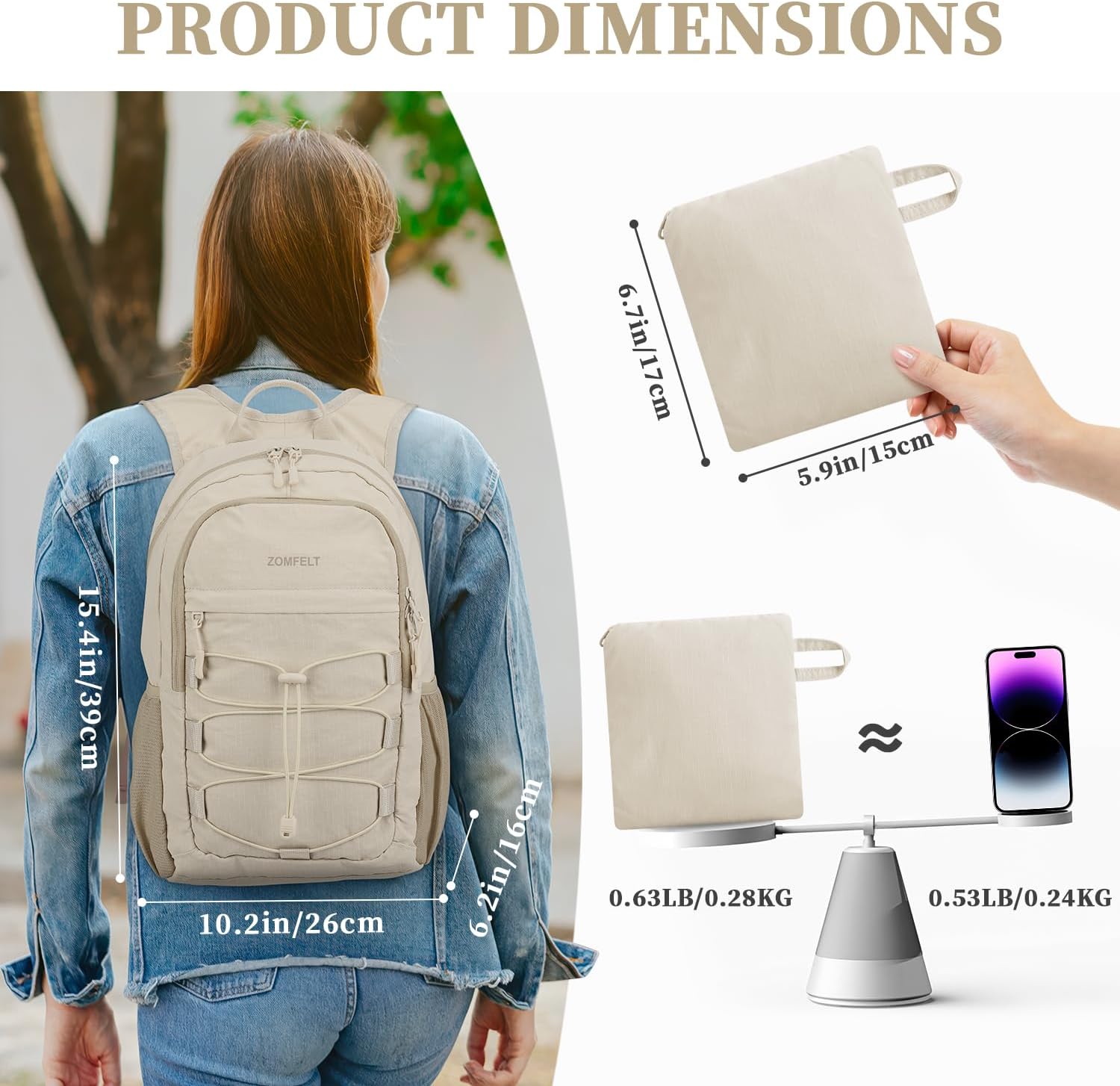 ZOMFELT Lightweight 15L Hiking Backpack - Water Resistant & Packable Daypack for Travel | Beige
