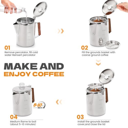 LRYYBTI Percolator Pot Stainless Steel Camping Coffee Pot-NO Aluminum or Plastic Camping Coffee Pot Stovetop (9 cup)