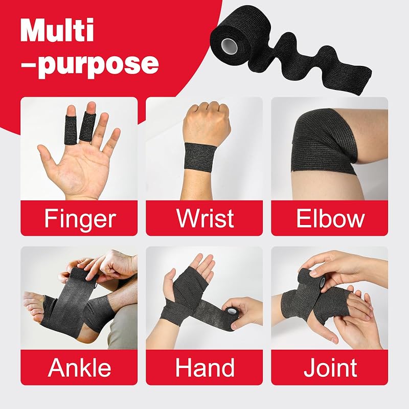 AZEN 8-Pack Self-Adhesive Bandage Wrap 2" x 5 Yards - Black Vet/Tattoo Wrap