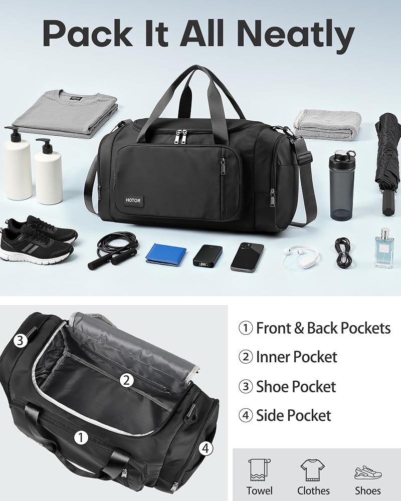 HOTOR Gym Duffle Bag with Shoe Compartment – 20.5" x 11" x 10.6" (Black, Variation: Black+20.5" x 11" x 10.6")