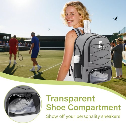 FABIEN CHERON Tennis Bag,Pickleball Bag with Shoe Compartment and Cooler,Fence Hook Design Basketball Backpack for Tennis/Pickleball/Basketball Sport(Grey)