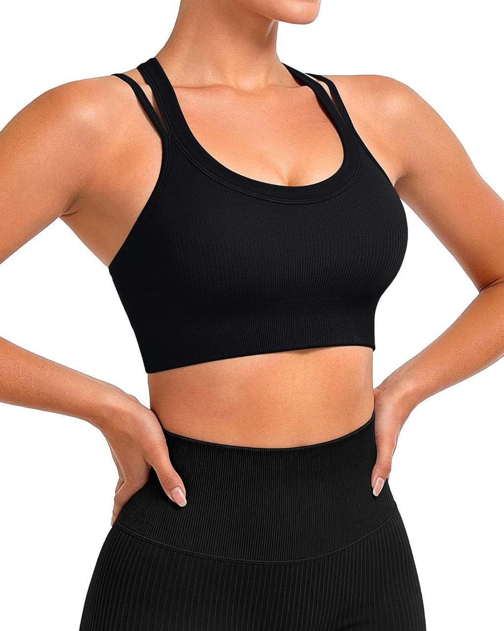 WANAYOU High Support Sports Bras for Women - Ribbed Strappy Criss Cross Back Workout Bra | Padded 3 Pack