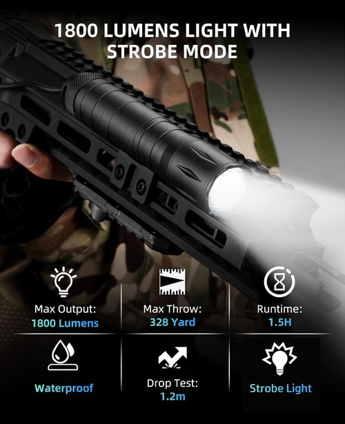 EZshoot 1800 Lumens Rifle Light with Pressure Switch, Ar Flashlight for Rifle Compatible with M-Rail, Rifle Flashlight with Strobe Mode for Home Defense, Hunting