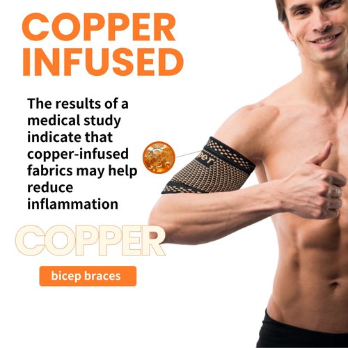 CUAPVPA Bicep Compression Sleeve 1 Pair,Copper Upper Arm Compression Sleeve,Bicep Tendonitis Brace Triceps Brace for Pain Relief,Arm Support fit for Men Women (GOLD, Medium)