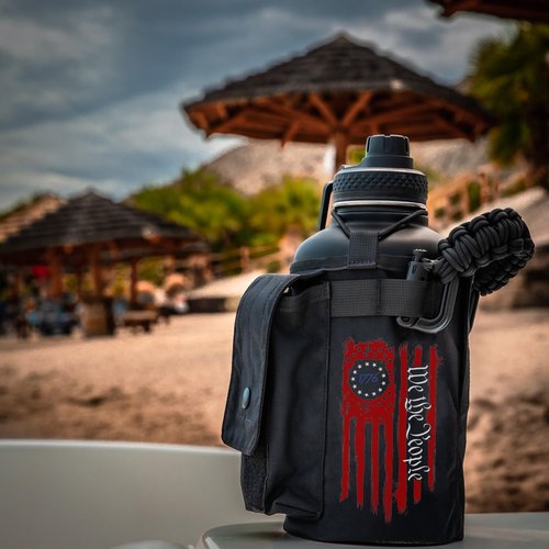Battle Bottle Sleeve - 64 oz Water Bottle Sleeve Only - Fits Many 2L Steel Water Bottle Cover Rugged & Versatile Design with Storage for Phone, Wallet & Keys - Black Betsy Ross