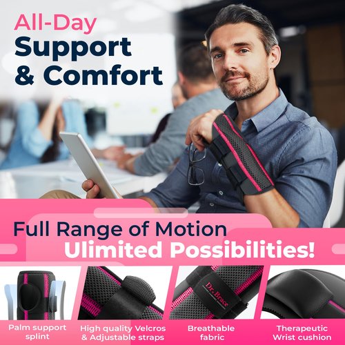 DR. BRACE Adjustable Wrist Brace Night Support for Carpal Tunnel, Doctor Developed, Upgraded with Double Splint & Therapeutic Cushion,Hand Brace for Pain Relief,Injuries,Sprains (S/M Right Hand, Black-Pink)