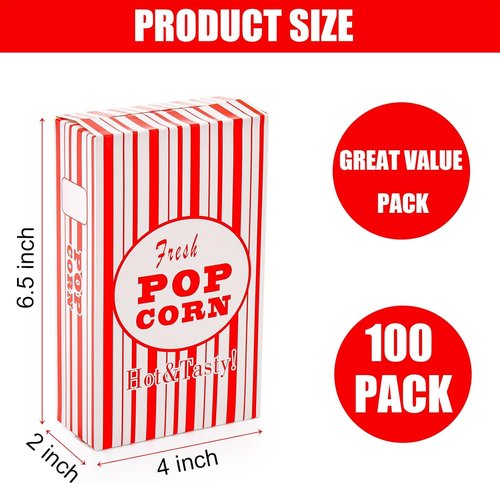 Bekith 100 Pack Popcorn Boxes - Close-Top Containers for Movie Nights & Parties