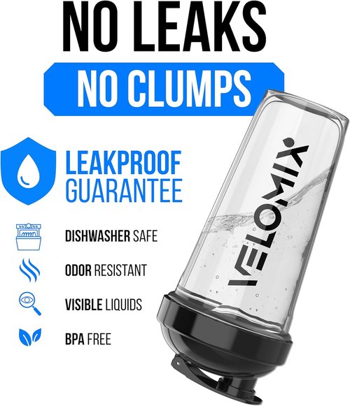 **VELOMIX Protein Shaker Bottles - 28 oz Leak Proof with 2x Wire Whisk | 2 Pack (Black/Transparent)**
