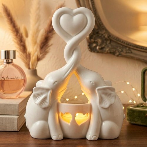Elephant Love Candle Holder Statue - Elegant Home Decor Gift for Women | Ivory with LED Candle - Perfect for Anniversaries & Valentine's Day