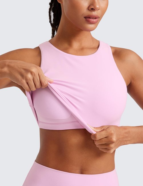 CRZ YOGA Butterluxe High Neck Crop Tank Tops for Women - Racerback Padded Longline Sports Bras Workout Vita Pink Medium
