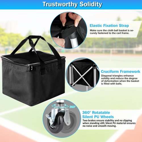 Angooni Professional Tennis Cart with Silent PU Wheels - Sturdy and Lightweight Tennis Ball Cart with 150-Ball Capacity - Portable Tennis Balls Basket & Reliable Ball Carrier
