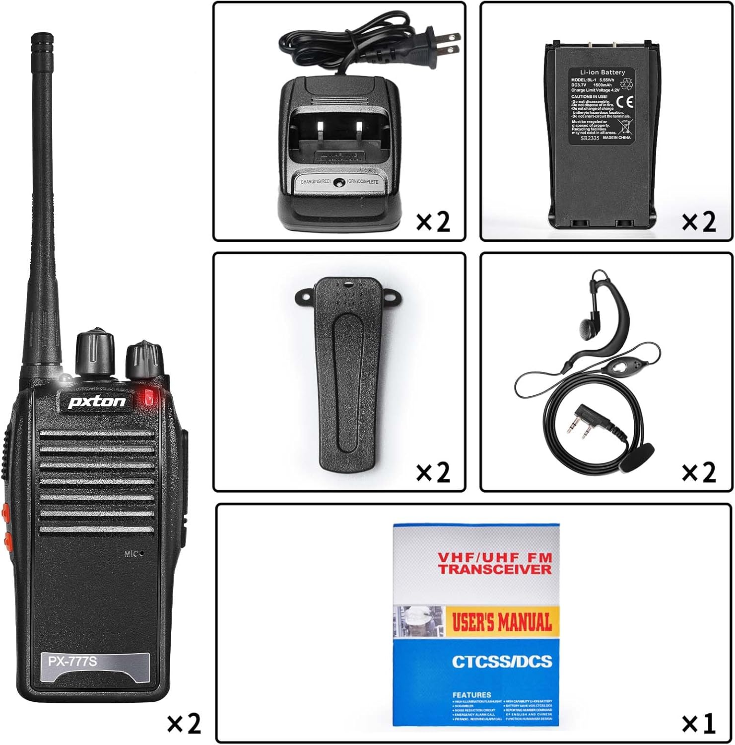 Pxton 777S Rechargeable Walkie Talkies - Long Range Two-Way Radios with Earpieces & Li-ion Battery (2 Pack)