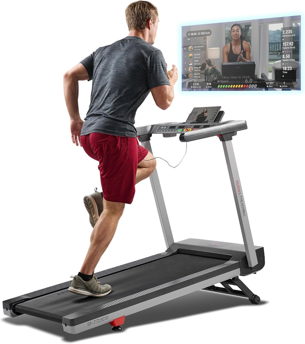 Sunny Health & Fitness Treadmill - Smart Auto Incline, Foldable Design, 15 Levels, 20" Shock Absorption Belt