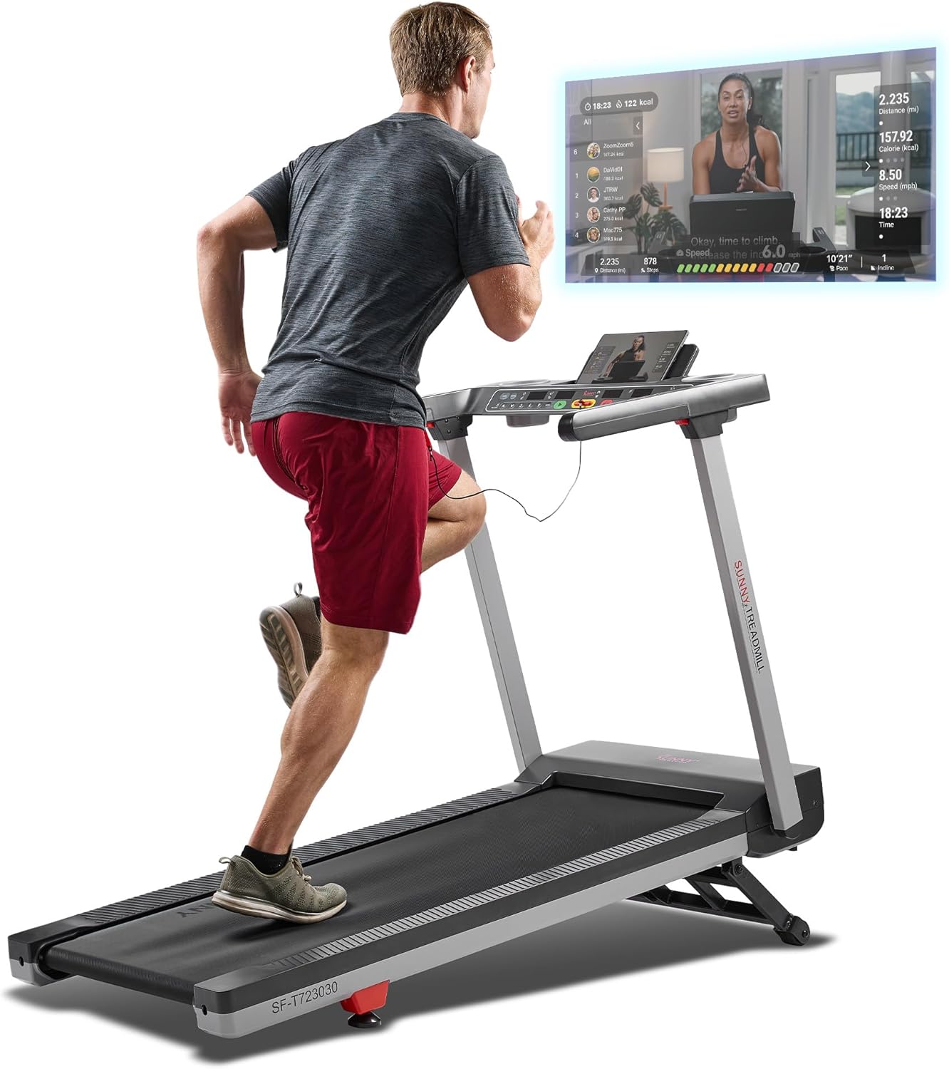 Sunny Health & Fitness Treadmill - Smart Auto Incline, Foldable Design, 15 Levels, 20" Shock Absorption Belt