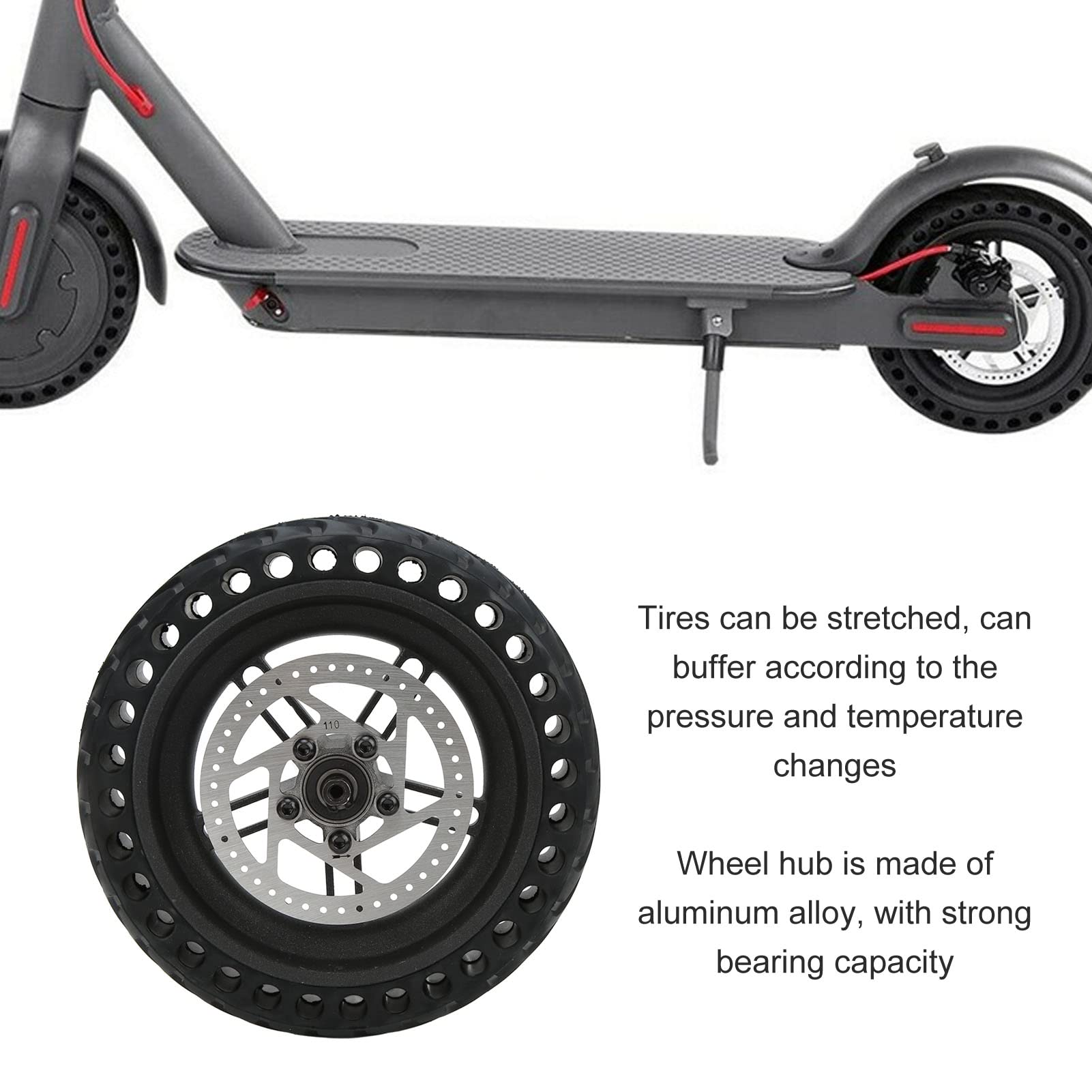 POENVFPO Electric Scooter Rear Tire, 8.5 Inch Rear Solid Tire Wheel Hub 110mm Brake Disk Electric Scooter Upgrade Parts Assembly Set