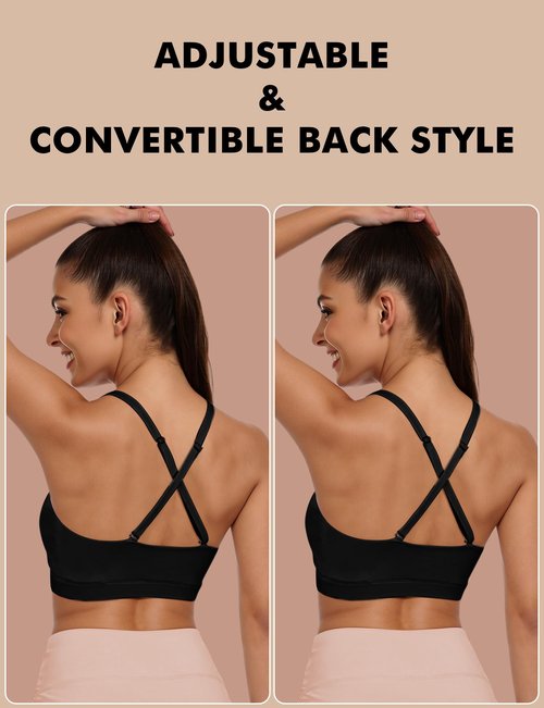 Buauty U Neck Sports Bra for Women, Adjustable Thin Straps Padded Push up Women's Sport Bras, Light Support Bra, Low Impact Spaghetti Strap Sport Racerback Bras Black S